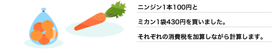 ボールペン１本１００円とコピー用紙１冊４００円を買いました。それぞれの消費税を加算しながら計算します。