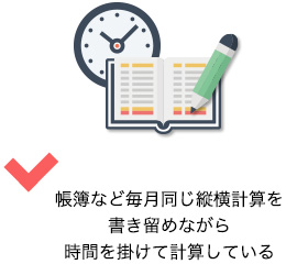 帳簿など毎月同じ縦横計算を書き留めながら時間を掛けて計算している。